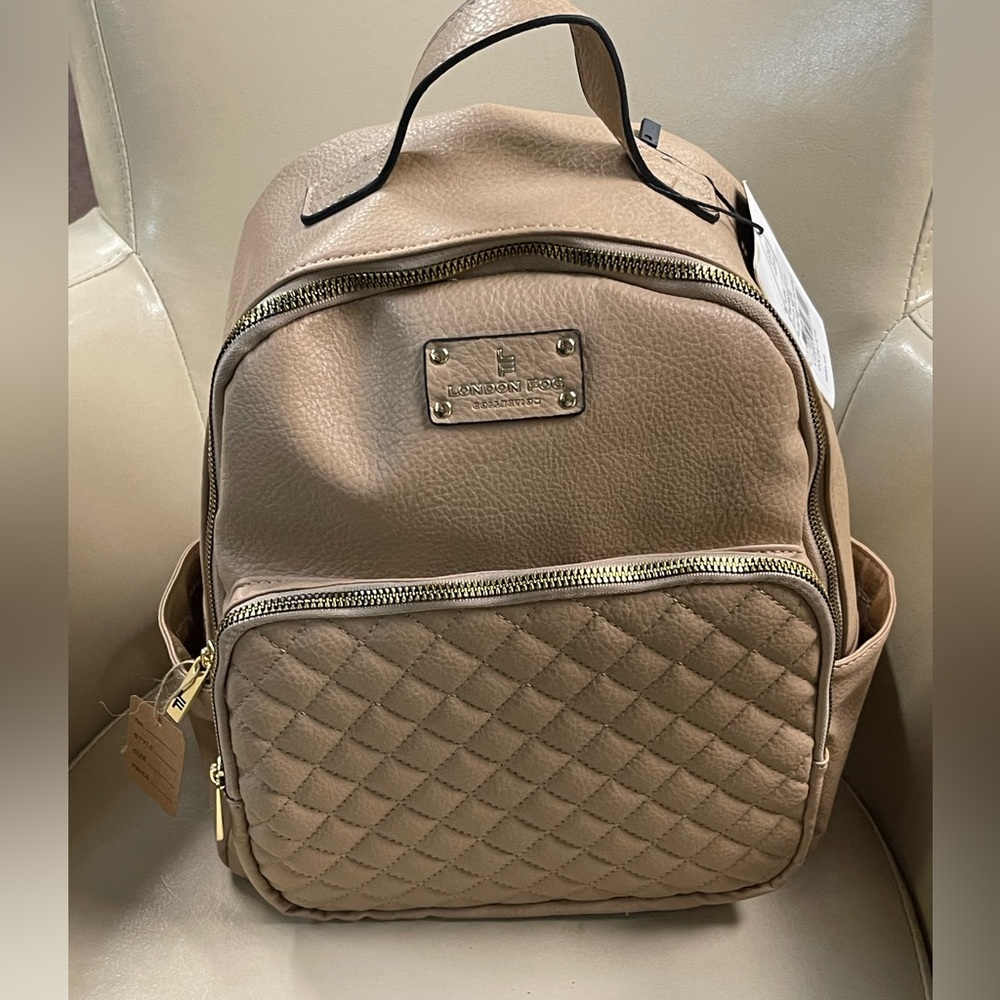 👛75-London Fog Quilted Taupe Backpack with Gold Hardware